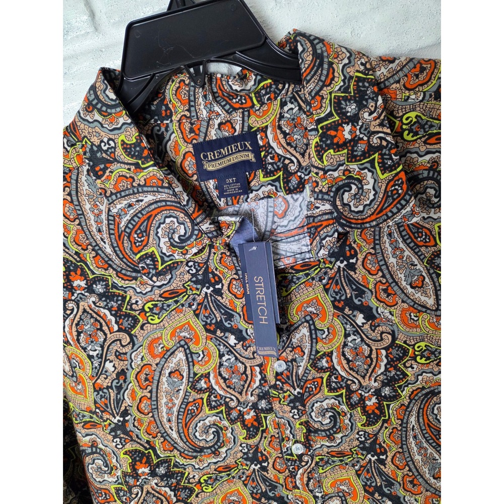 Cremieux Premium Denim Shirt Men size 3XT Tall Button Up s/s Stretch NWT Paisley